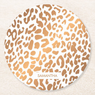 Golden Leopard Print Round Paper Coaster