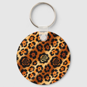 Golden Leopard Rose Animal Print Keychain