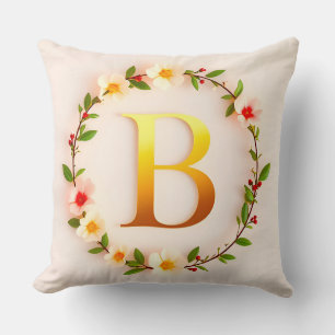 Golden Letter B Floral Wreath Personalized Style  Throw Pillow