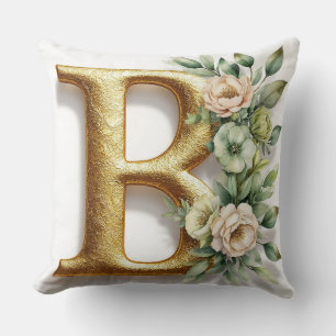 Golden Letter B Surrounded by Floral Arrangements Throw Pillow