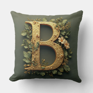 Golden Letter B Surrounded by Floral Arrangements Throw Pillow