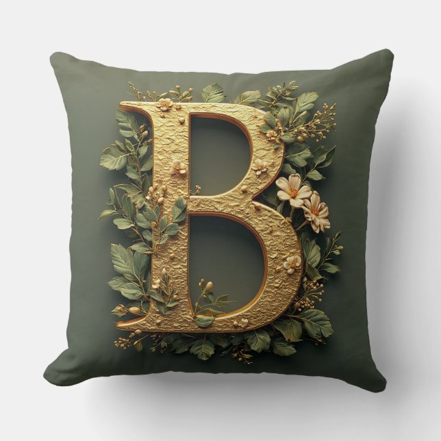 Golden Letter B Surrounded by Floral Arrangements Throw Pillow (Front)