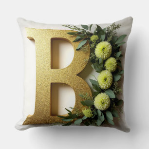 Golden Letter B Surrounded by Floral Arrangements Throw Pillow
