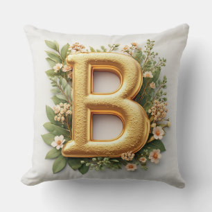 Golden Letter B Surrounded by Floral Arrangements Throw Pillow