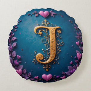 Golden Letter J With Love Inspired Details ✨ Round Pillow