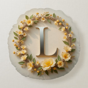 Golden Letter L Floral Wreath Personalized Style  Round Pillow