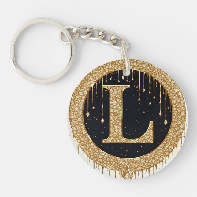 Golden letter L Ornate Initial Black Decor Keychain (Front)