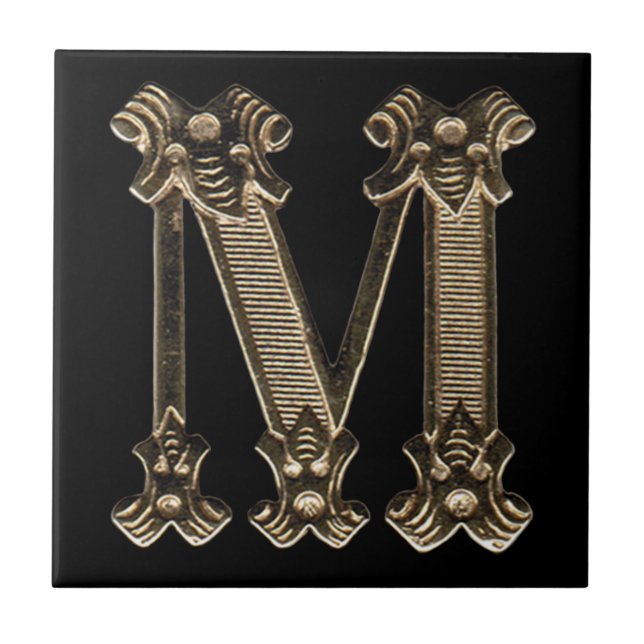 Golden Letter M Initial or Monogram on Black Tile (Front)