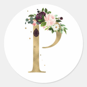 Golden letter MONOGRAMM boho burgundy flowers Cla Classic Round Sticker