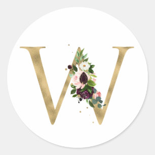Golden letter MONOGRAMM boho burgundy flowers Cla Classic Round Sticker