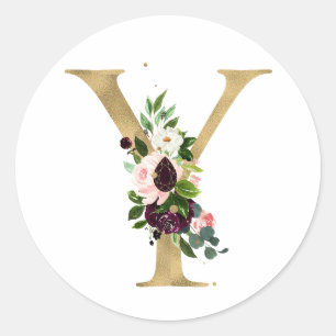 Golden letter MONOGRAMM boho burgundy flowers  Cla Classic Round Sticker