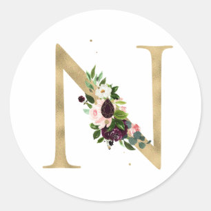Golden letter MONOGRAMM boho burgundy flowers  Cla Classic Round Sticker