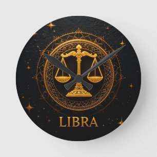 Golden Libra Zodiac Sign Illustration Round Clock