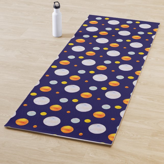 Golden & Light Blue Polka Dots on Navy Blue Yoga Mat (In Situ)