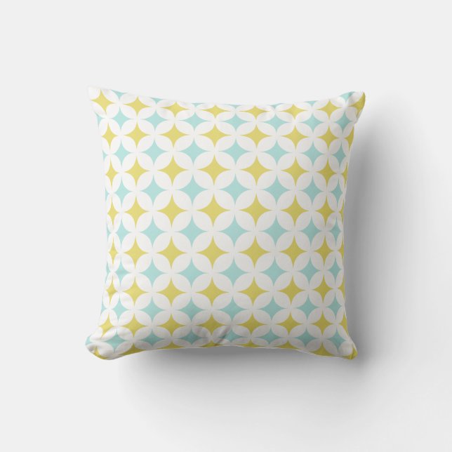 Golden & Light Blue Star Pattern on White Throw Pillow (Front)