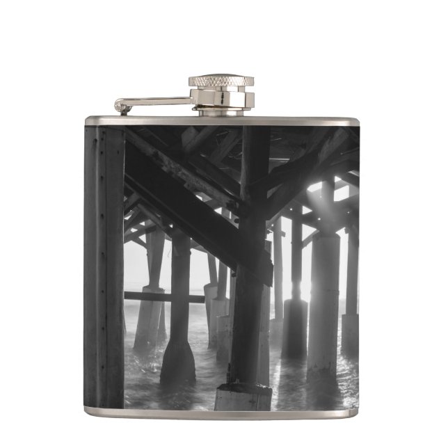 Golden Light Shines Through Grayscale Hip Flask (Front)