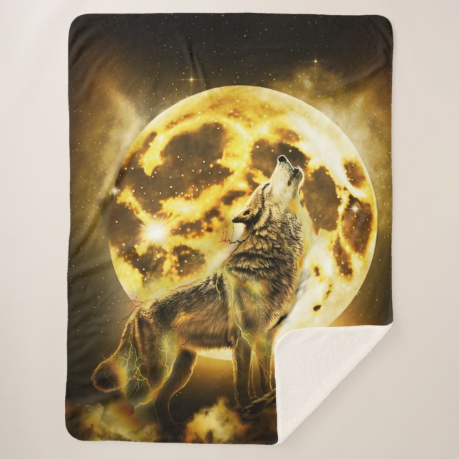 Golden Lightning Wolf Sherpa Blanket (Front)