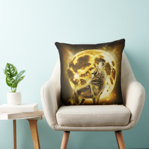 Golden Lightning Wolf Throw Pillow