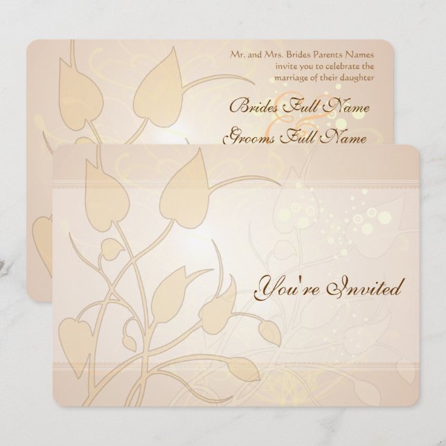 Golden Lights Swirl Leaves Wedding Invitation (Front/Back)