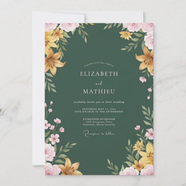 Golden Lily Emerald Wedding Invitation (Front)