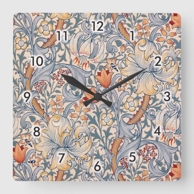 Golden Lily, William Morris Square Wall Clock (Front)