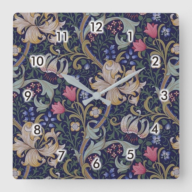 Golden Lily, William Morris Square Wall Clock (Front)