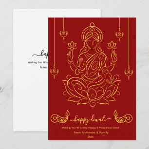 Golden Line Art of Goddess Lakshmi on Lotus Holiday Card