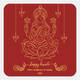 Golden Line Art of Goddess Lakshmi on Lotus Square Sticker