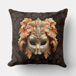 Golden Lion Mask with a Orange Feathers Throw Pillow