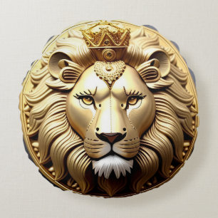 Golden Lion Medallion With Crown Round Pillow