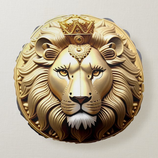 Golden Lion Medallion With Crown Round Pillow (Front)