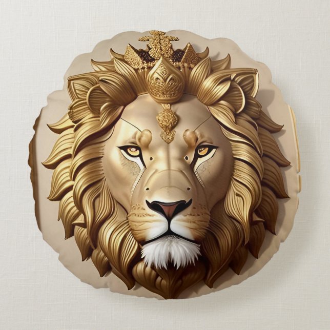 Golden Lion Medallion With Crown Round Pillow (Front)