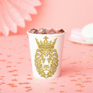 Golden Lion with Crown - Majestic Embroidery Style Paper Cups