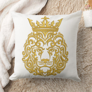 Golden Lion with Crown - Majestic Embroidery Style Throw Pillow