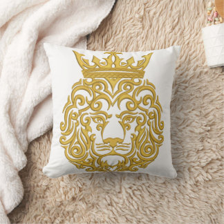 Golden Lion with Crown - Majestic Embroidery Style Throw Pillow
