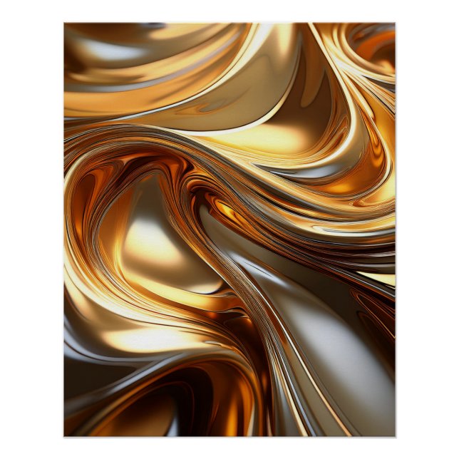 Golden Liquid Metal Waves – Modern Glossy Art Poster (Front)