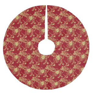 Golden lotus bloom on festive red brushed polyester tree skirt