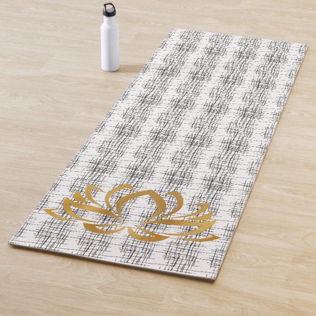 Golden Lotus Silhouette on Black & White Pattern Yoga Mat (In Situ)