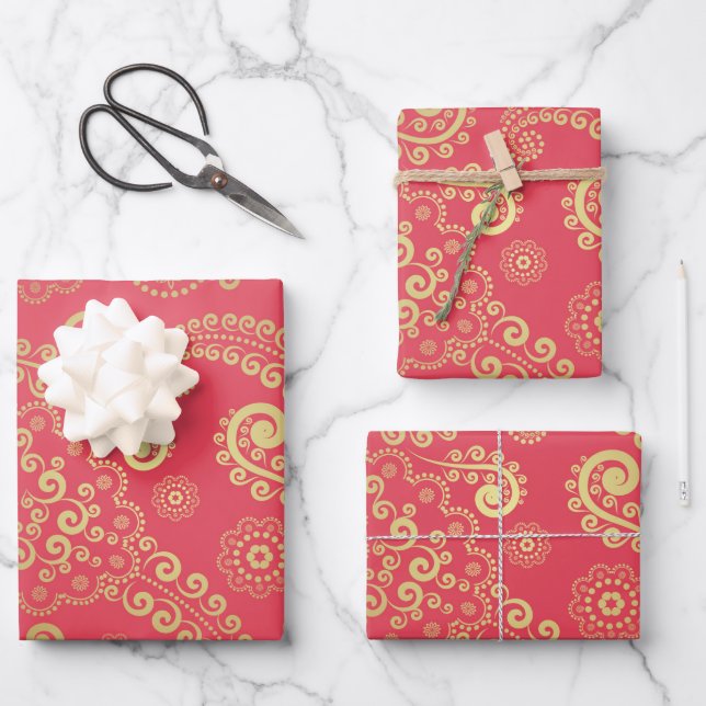 Golden Luxury Paisley on Tropical Pink Background Wrapping Paper Sheet (Front)