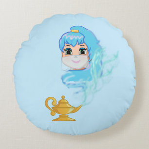 Golden magic lamp and genie on light blue round pillow