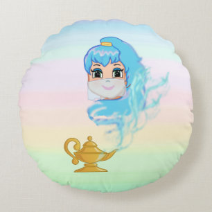 Golden magic lamp and genie on pastel colours round pillow