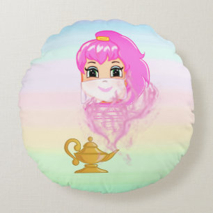 Golden magic lamp and genie on pastel colours round pillow