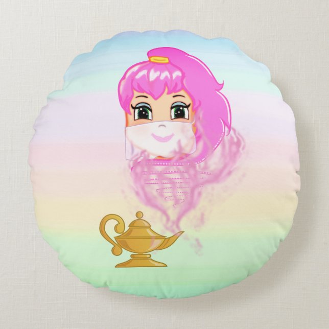 Golden magic lamp and genie on pastel colours round pillow (Front)