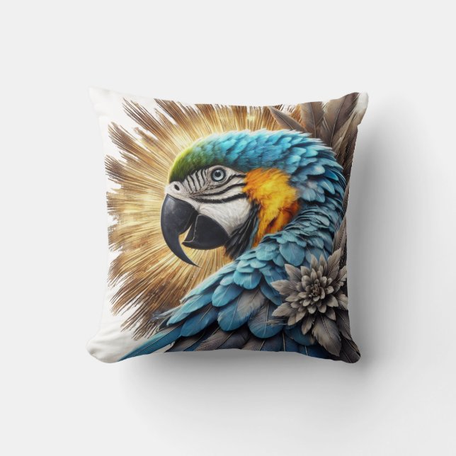 Golden Majesty Blue Macaw Throw Pillow (Front)