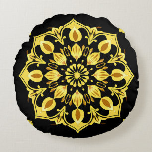 Golden Mandala Design With Symmetrical Patterns Round Pillow