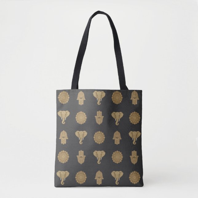 Golden Mandala Elephant Hamsa Hand -Boho Art Print Tote Bag (Front)