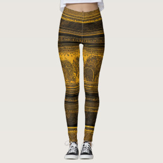 Golden mandala tribal fusion black & gold AI art Leggings