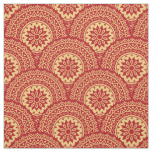 Golden mandala waves on red background fabric