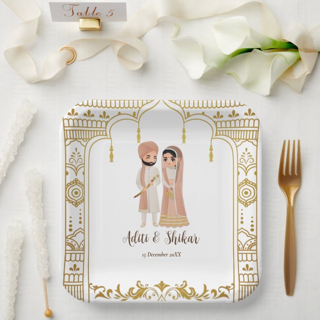 Golden mandap Indian border design Square  Paper Plate (Wedding)