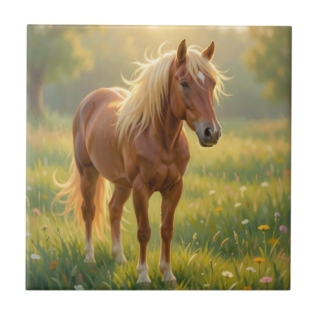 Golden Mane Horse Wildflower Meadow Tile (Front)